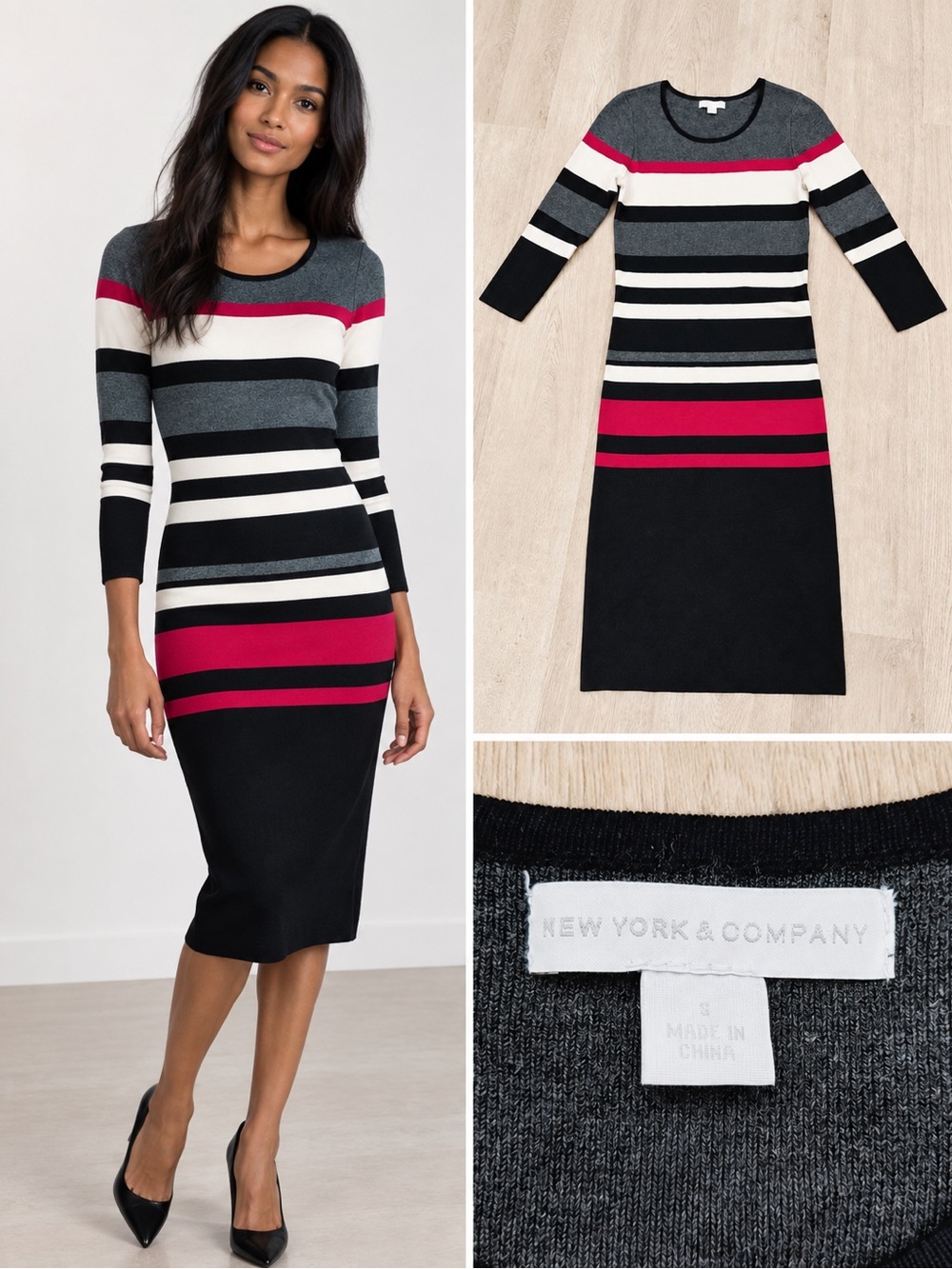 New York & Company Black, Gray & Pink Striped Midi Dress Small